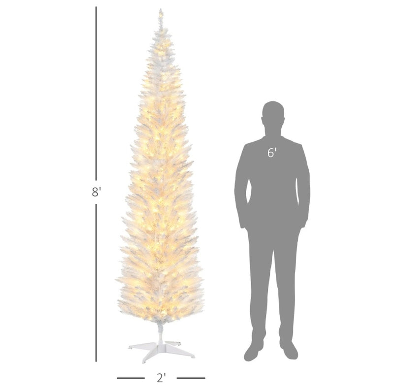 HOMCOM 8' Tall Pre-Lit Slim Noble Fir Artificial Christmas Tree With 300 Warm White LED Lights And 618 Tips, For Christmas Decoration, White